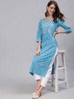 Jaipur Kurti Blue & White Floral Printed Women Kurta - Image 5