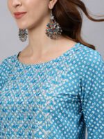 Jaipur Kurti Blue & White Floral Printed Women Kurta - Image 3