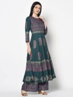 Aniyah Rayon Teal Blue Color Block Print Anarkali Kurta (AN-221K) - Image 4