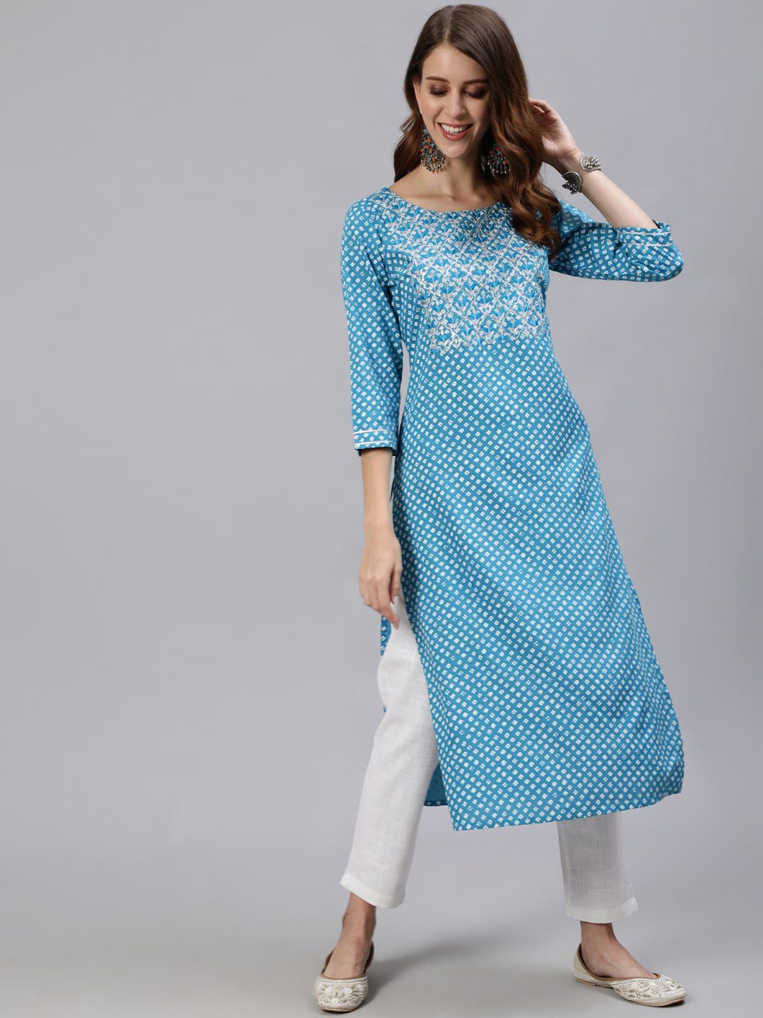 e46c6c79-748f-4fae-88d7-9b77593b7a6c1644298477366jaipurkurtiwomenturquoisebluegeometricprintedcold-shouldersl1 Jaipur Kurti Blue & White Floral Printed Women Kurta - Image 1