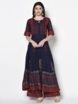 Aniyah Rayon Navy Blue Color Block Print Anarkali kurta (AN-177K)