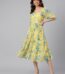 Janasya Women's Yellow Georgette Floral Printed Flared Western Dress