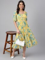 Janasya Women's Yellow Georgette Floral Printed Flared Western Dress - Image 3