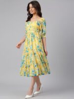 Janasya Women's Yellow Georgette Floral Printed Flared Western Dress - Image 2