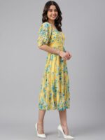Janasya Women's Yellow Georgette Floral Printed Flared Western Dress - Image 4