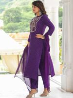 Kalini Floral Embroidered Mandarin Collar Regular Mirror Work Kurta & Trousers & Dupatta - Image 2