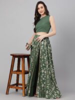 Janasya Women's Olive Green Crepe Solid Lehenga Choli With Pant