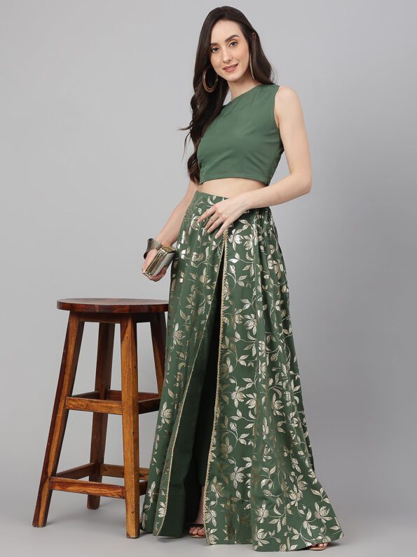 Janasya Women's Olive Green Crepe Solid Lehenga Choli With Pant