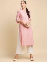 Anubhutee Peach-Coloured & White Khari Printed Straight Kurta - Image 2