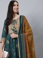Anubhutee Teal Ethnic Motifs Printed Empire Thread Work Pure Cotton Kurta with Trousers & With Dupatta - Image 4
